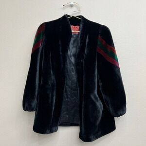 Vintage Sassoon Borgazia Faux Fur Coat Womens Black Chevron Stripe Sleeve 80s